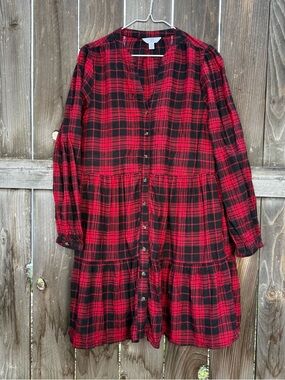 Time and Tru Red and Black Plaid Button-Front Shirt Dress